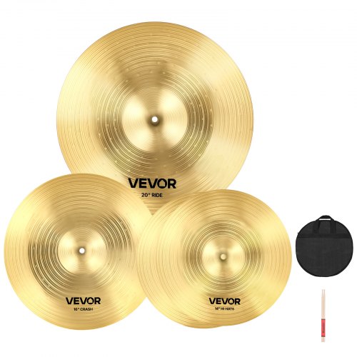 VEVOR Cymbal Pack, 3 Pieces Cymbals for Drum Set, Alloy Cymbals Drum Set Includes 14-inch Hi-Hats, 16-inch Crash, 20-inch Ride, Drumsticks & Cymbal Bag, Alloy Cymbal Pack for Drummer, Bright Copper - CPTZCPTZ3ZXGGQ223001V0 - view 2