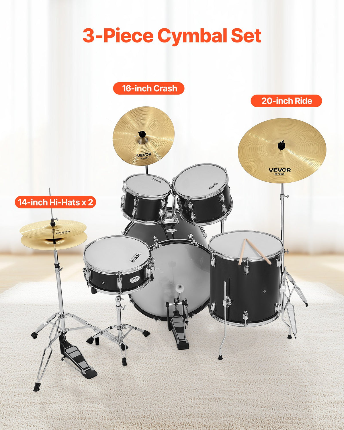 VEVOR Cymbal Pack, 3 Pieces Cymbals for Drum Set, Alloy Cymbals Drum Set Includes 14-inch Hi-Hats, 16-inch Crash, 20-inch Ride, Drumsticks & Cymbal Bag, Alloy Cymbal Pack for Drummer, Bright Copper - CPTZCPTZ3ZXGGQ223001V0 - view 3