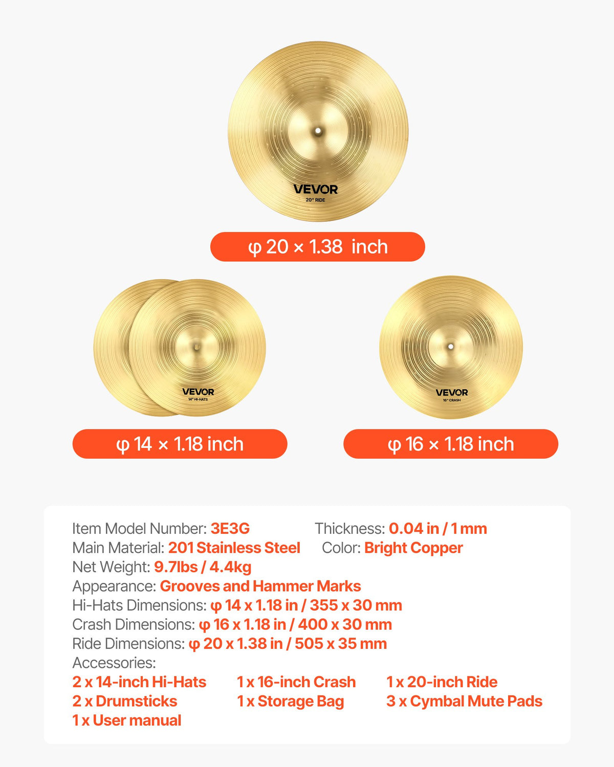 VEVOR Cymbal Pack, 3 Pieces Cymbals for Drum Set, Alloy Cymbals Drum Set Includes 14-inch Hi-Hats, 16-inch Crash, 20-inch Ride, Drumsticks & Cymbal Bag, Alloy Cymbal Pack for Drummer, Bright Copper - CPTZCPTZ3ZXGGQ223001V0 - view 8