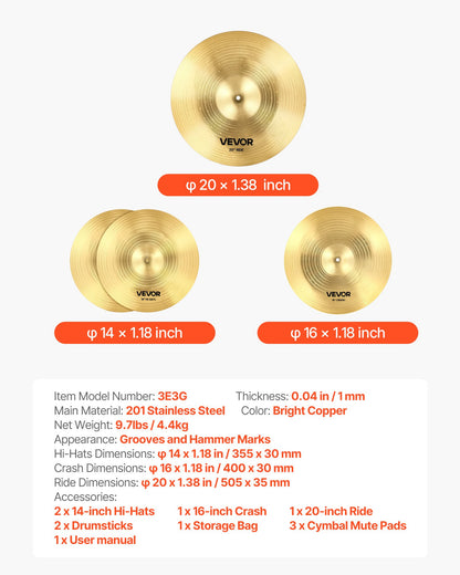 VEVOR Cymbal Pack, 3 Pieces Cymbals for Drum Set, Alloy Cymbals Drum Set Includes 14-inch Hi-Hats, 16-inch Crash, 20-inch Ride, Drumsticks & Cymbal Bag, Alloy Cymbal Pack for Drummer, Bright Copper - CPTZCPTZ3ZXGGQ223001V0 - view 8