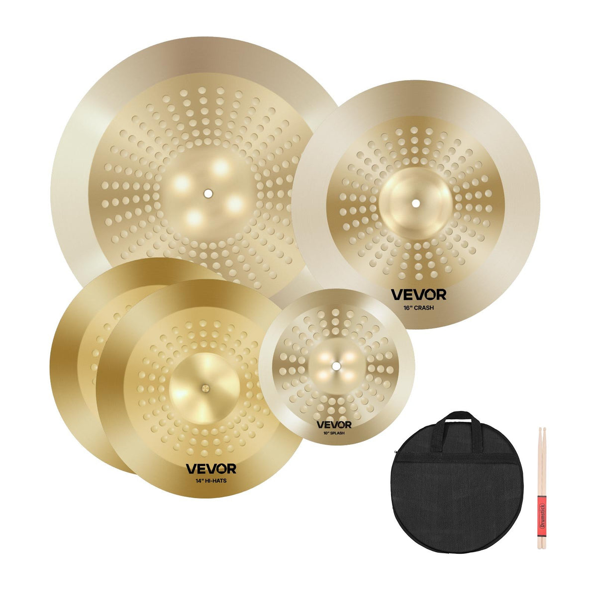 VEVOR Cymbal Pack, 4 Pieces Cymbals for Drum Set, Alloy Cymbals Drum Set Includes 14-inch Hi-Hats, 16-inch Crash, 20-inch Ride, 10-inch Splash, Drumsticks & Cymbal Bag, Alloy Cymbal Pack for Drummer - CPTZCPTZ4ZXGNAZD1001V0 - view 1