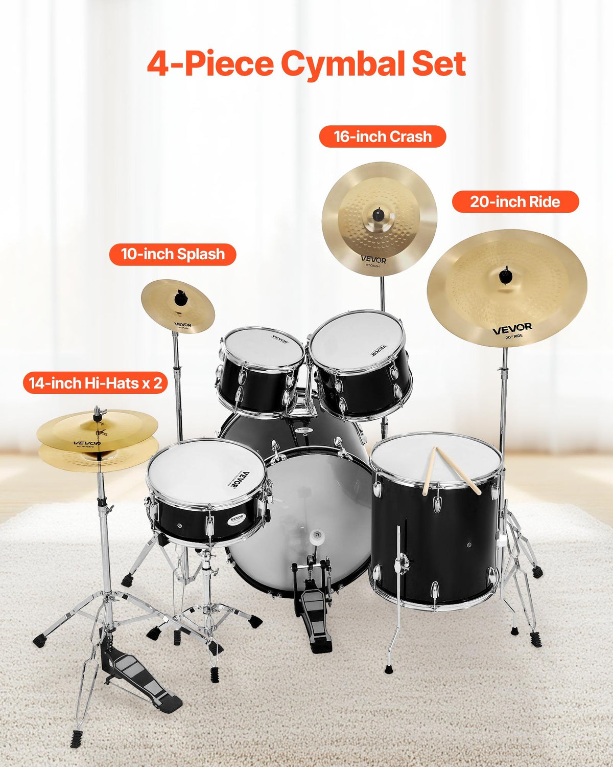 VEVOR Cymbal Pack, 4 Pieces Cymbals for Drum Set, Alloy Cymbals Drum Set Includes 14-inch Hi-Hats, 16-inch Crash, 20-inch Ride, 10-inch Splash, Drumsticks & Cymbal Bag, Alloy Cymbal Pack for Drummer - CPTZCPTZ4ZXGNAZD1001V0 - view 3
