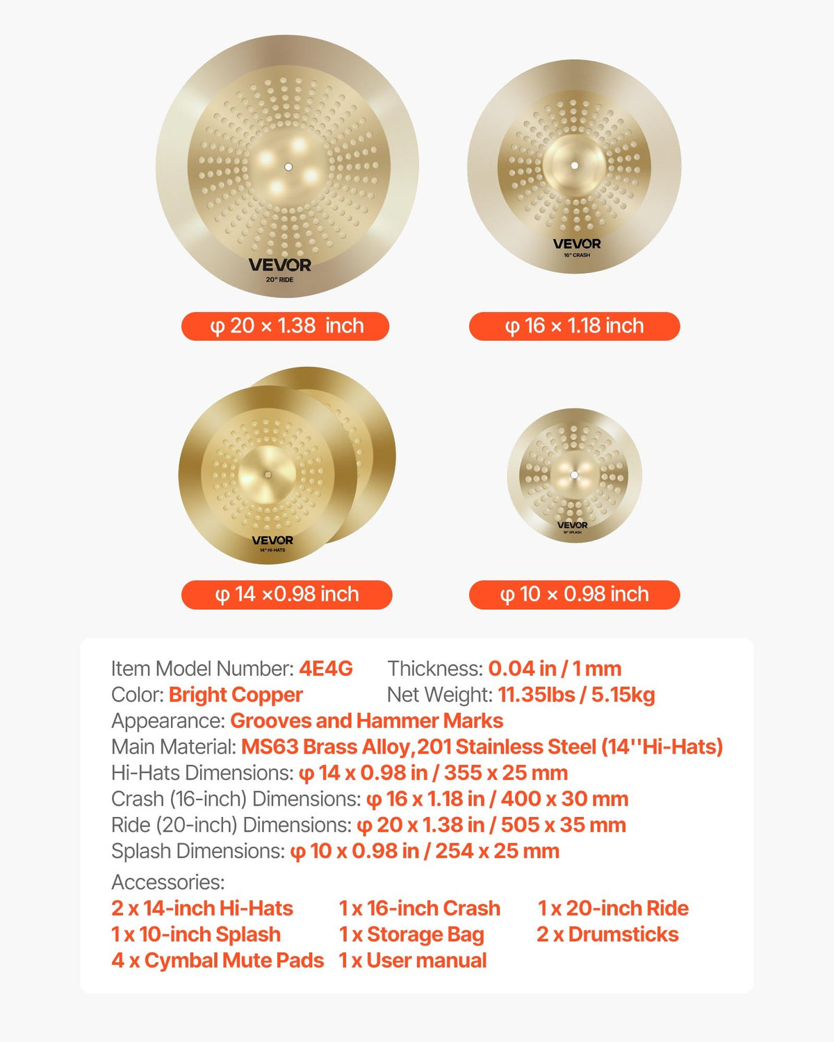 VEVOR Cymbal Pack, 4 Pieces Cymbals for Drum Set, Alloy Cymbals Drum Set Includes 14-inch Hi-Hats, 16-inch Crash, 20-inch Ride, 10-inch Splash, Drumsticks & Cymbal Bag, Alloy Cymbal Pack for Drummer - CPTZCPTZ4ZXGNAZD1001V0 - view 8