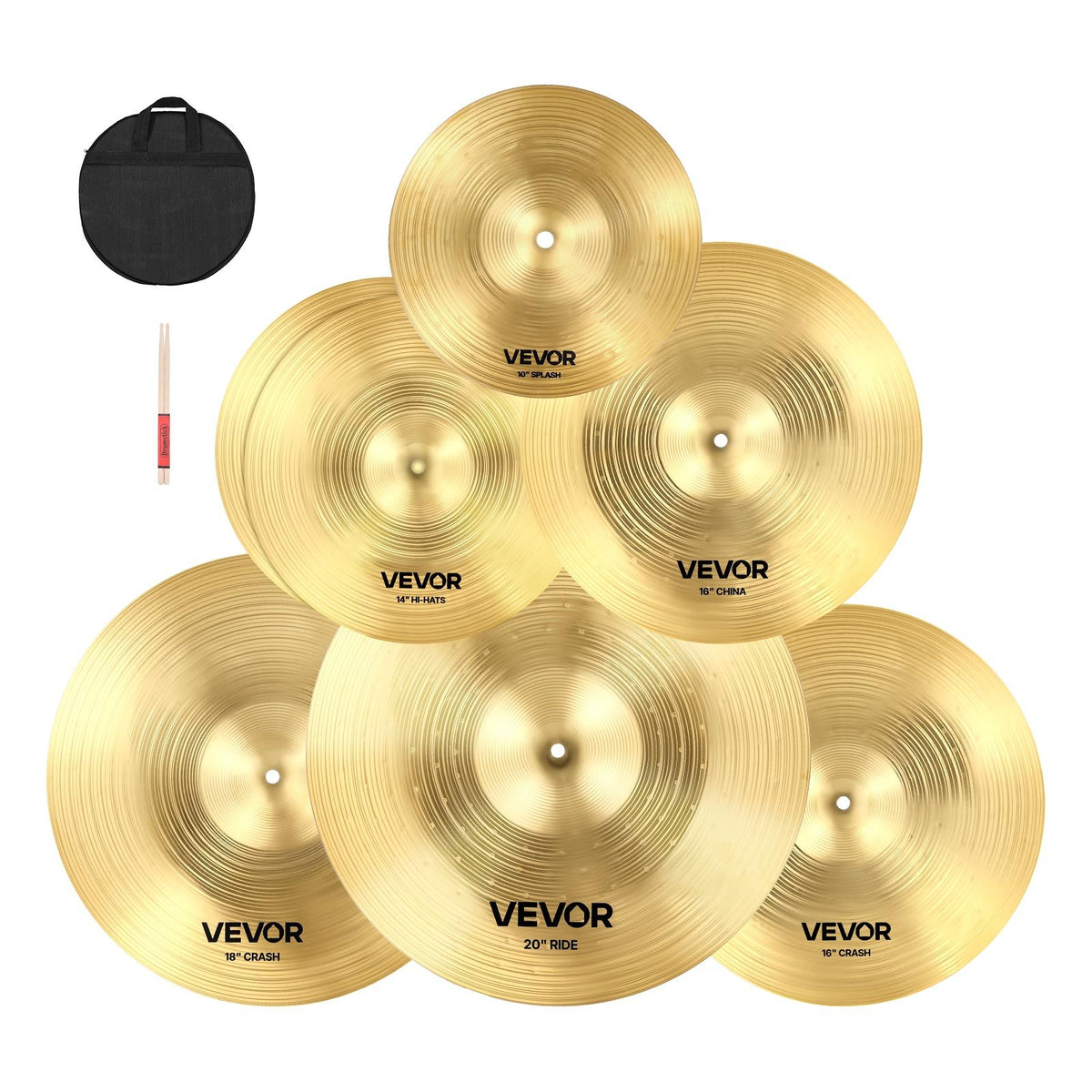 VEVOR Cymbal Pack, 6 Pieces Cymbals for Drum Set, Alloy Cymbals Drum Set Includes 14-inch Hi-Hats, 16-inch Crash, 18-inch Crash, 20-inch Ride, 10-inch Splash, 16-inch China, Drumsticks & Cymbal Bag - CPTZCPTZ5ZXGBITH1001V0 - view 1