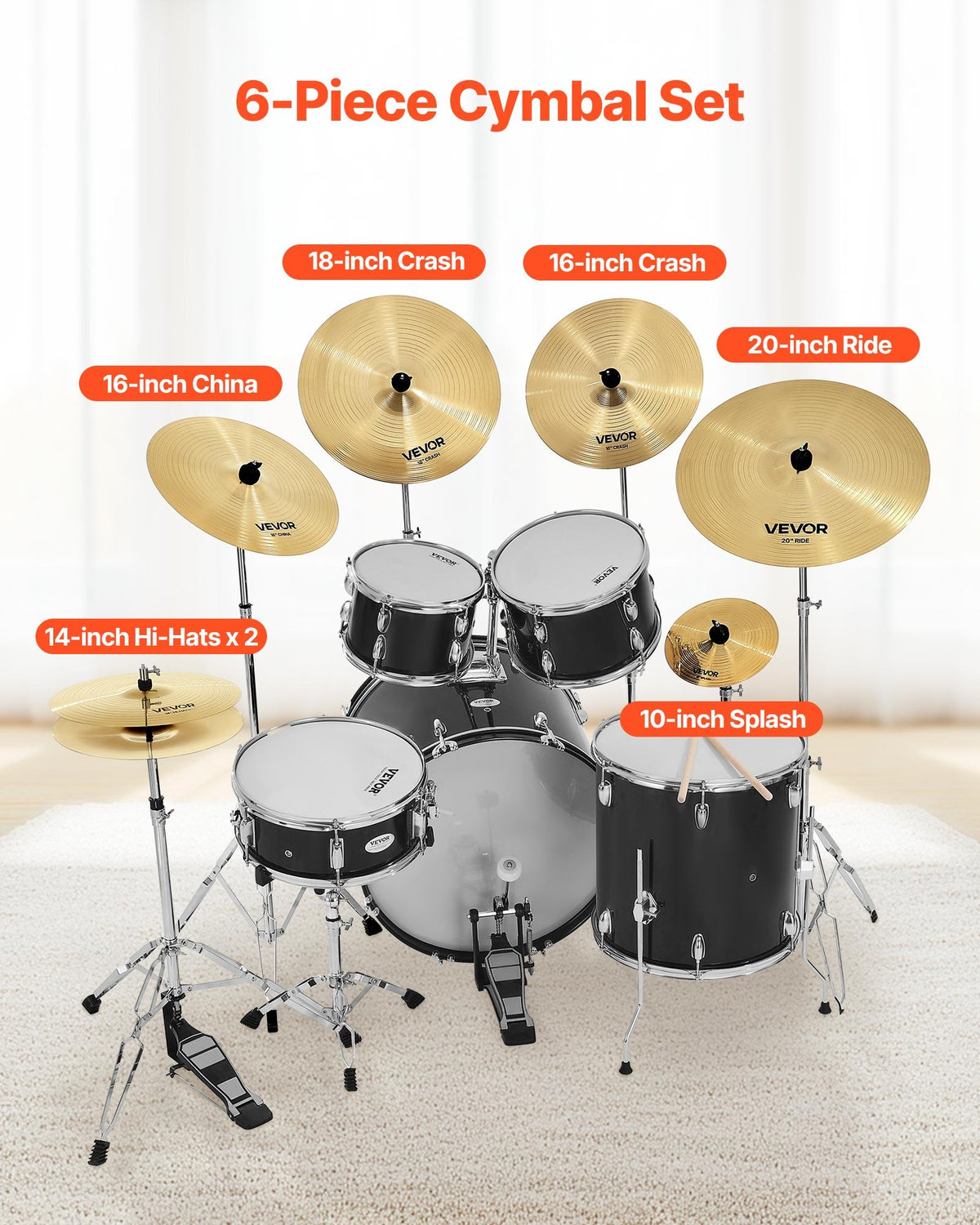 VEVOR Cymbal Pack, 6 Pieces Cymbals for Drum Set, Alloy Cymbals Drum Set Includes 14-inch Hi-Hats, 16-inch Crash, 18-inch Crash, 20-inch Ride, 10-inch Splash, 16-inch China, Drumsticks & Cymbal Bag - CPTZCPTZ5ZXGBITH1001V0 - view 3