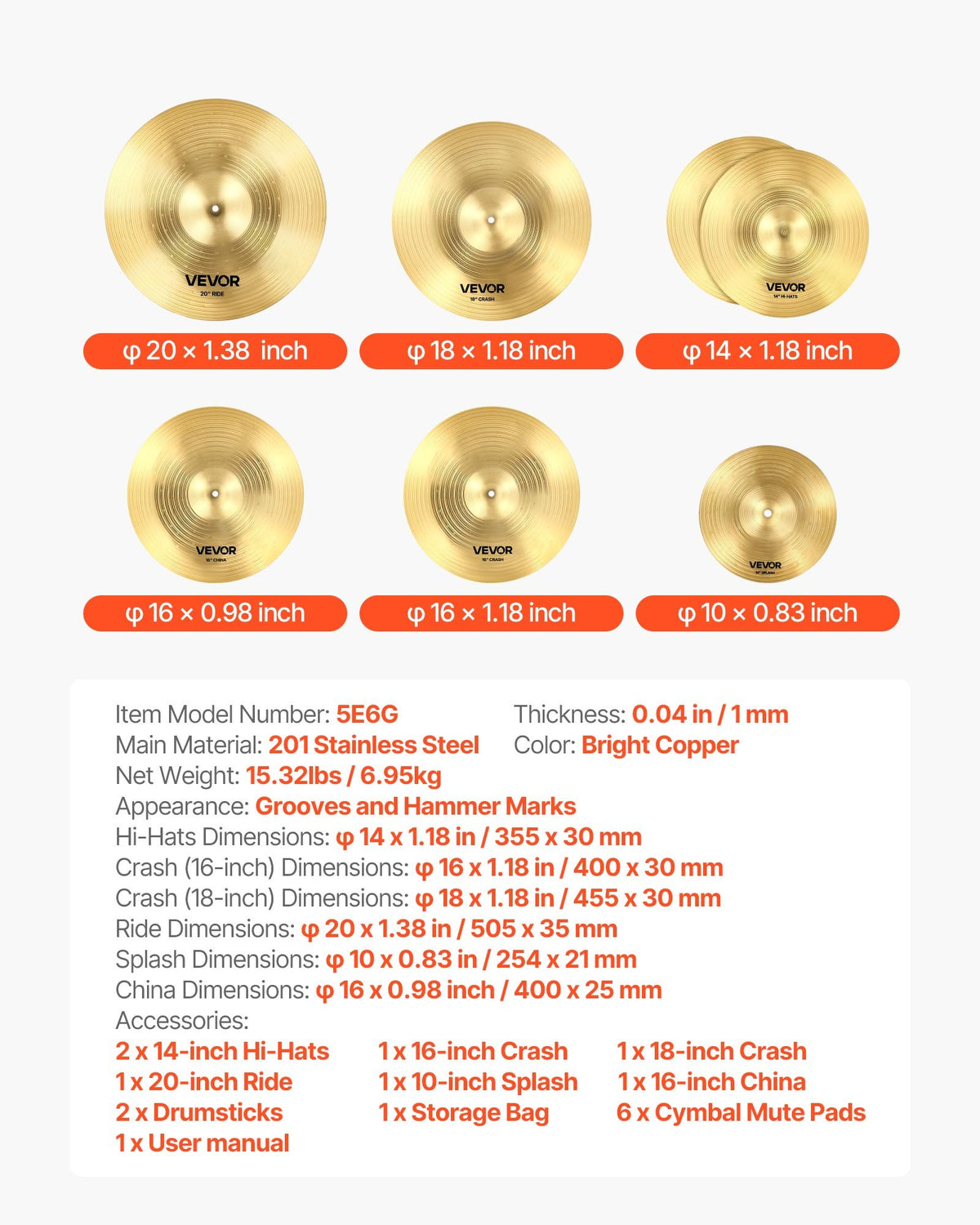 VEVOR Cymbal Pack, 6 Pieces Cymbals for Drum Set, Alloy Cymbals Drum Set Includes 14-inch Hi-Hats, 16-inch Crash, 18-inch Crash, 20-inch Ride, 10-inch Splash, 16-inch China, Drumsticks & Cymbal Bag - CPTZCPTZ5ZXGBITH1001V0 - view 8
