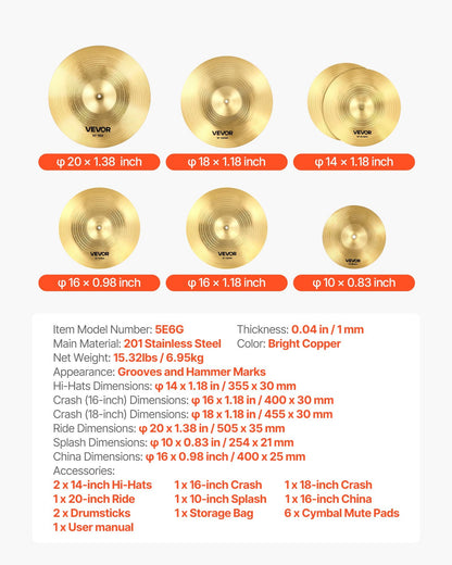 VEVOR Cymbal Pack, 6 Pieces Cymbals for Drum Set, Alloy Cymbals Drum Set Includes 14-inch Hi-Hats, 16-inch Crash, 18-inch Crash, 20-inch Ride, 10-inch Splash, 16-inch China, Drumsticks & Cymbal Bag - CPTZCPTZ5ZXGBITH1001V0 - view 8