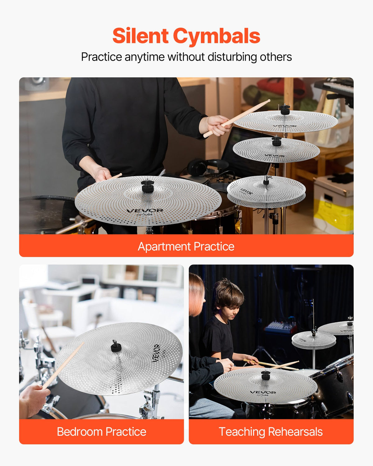 VEVOR Low Volume Cymbal Pack, 4 Pieces Quiet Cymbals for Drum Set, Alloy Cymbals Drum Set Includes 14-inch Hi-Hats, 16-inch Crash, 18-inch Crash, 20-inch Ride, Drumsticks & Cymbal Bag, Bright Copper - CPTZJYCPTZ3ZAV9RT001V0 - view 5