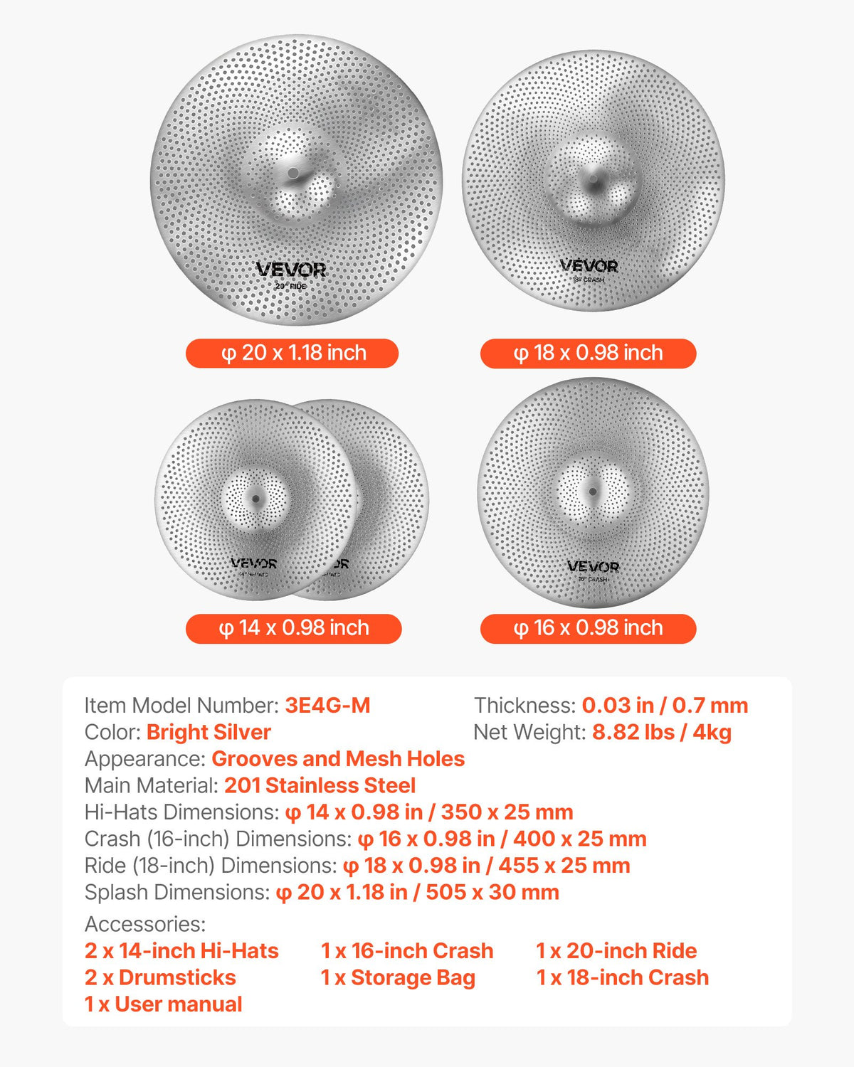 VEVOR Low Volume Cymbal Pack, 4 Pieces Quiet Cymbals for Drum Set, Alloy Cymbals Drum Set Includes 14-inch Hi-Hats, 16-inch Crash, 18-inch Crash, 20-inch Ride, Drumsticks & Cymbal Bag, Bright Copper - CPTZJYCPTZ3ZAV9RT001V0 - view 8