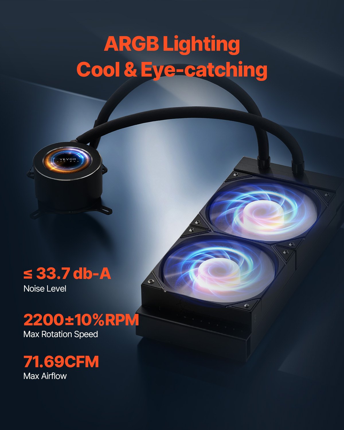 VEVOR CPU Liquid Cooler, AIO CPU Water Cooler - 120mm PWN Fans & Pump, Customizable Black PC Liquid Cooler with 2.1'' LCD Display & ARGB light, for Intel 115X/1366/2011/1700/1200, AMD AM4/AM5 - CPULQFSSLDPB56R3VV9 - view 5