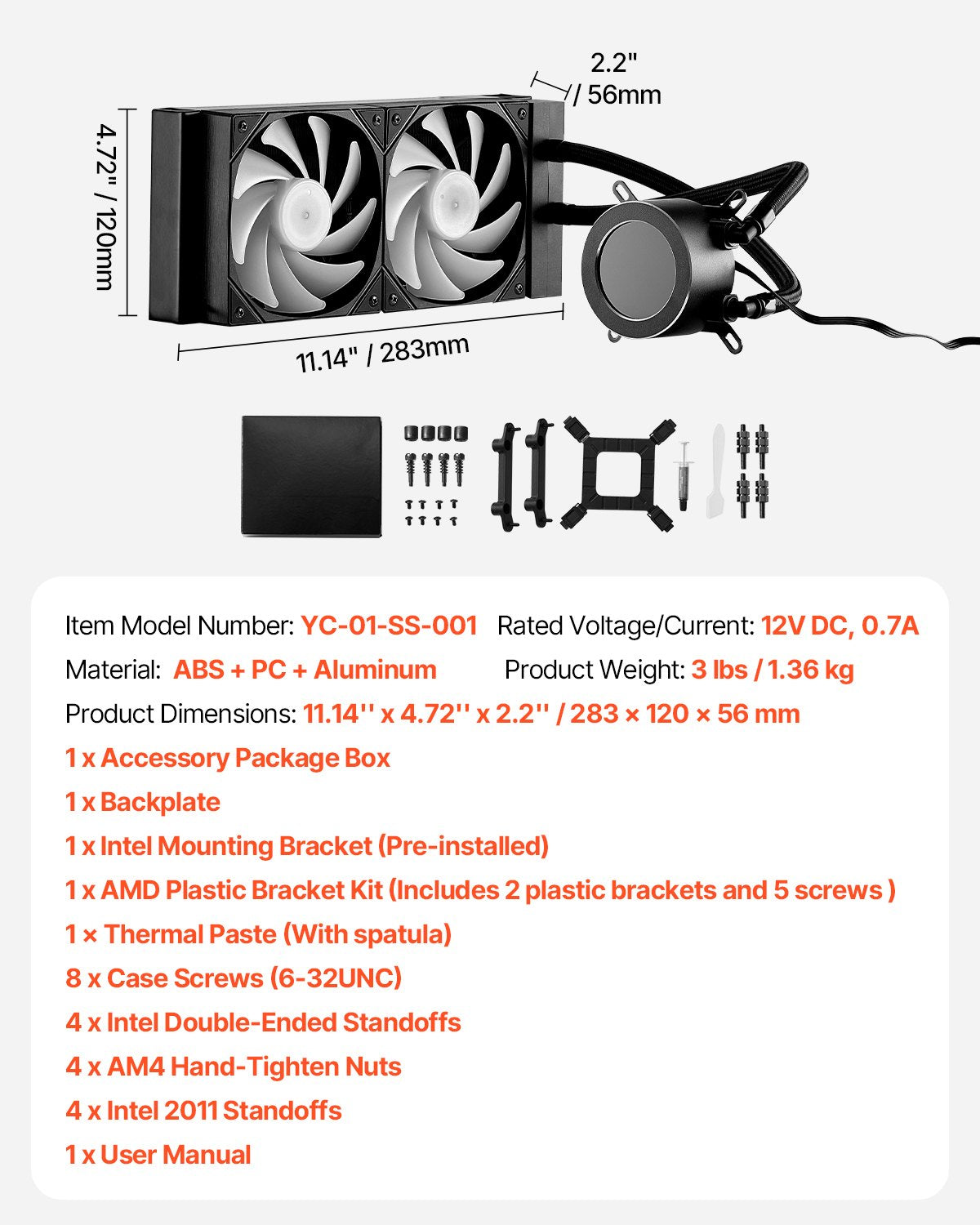 VEVOR CPU Liquid Cooler, AIO CPU Water Cooler - 120mm PWN Fans & Pump, Customizable Black PC Liquid Cooler with 2.1'' LCD Display & ARGB light, for Intel 115X/1366/2011/1700/1200, AMD AM4/AM5 - CPULQFSSLDPB56R3VV9 - view 8