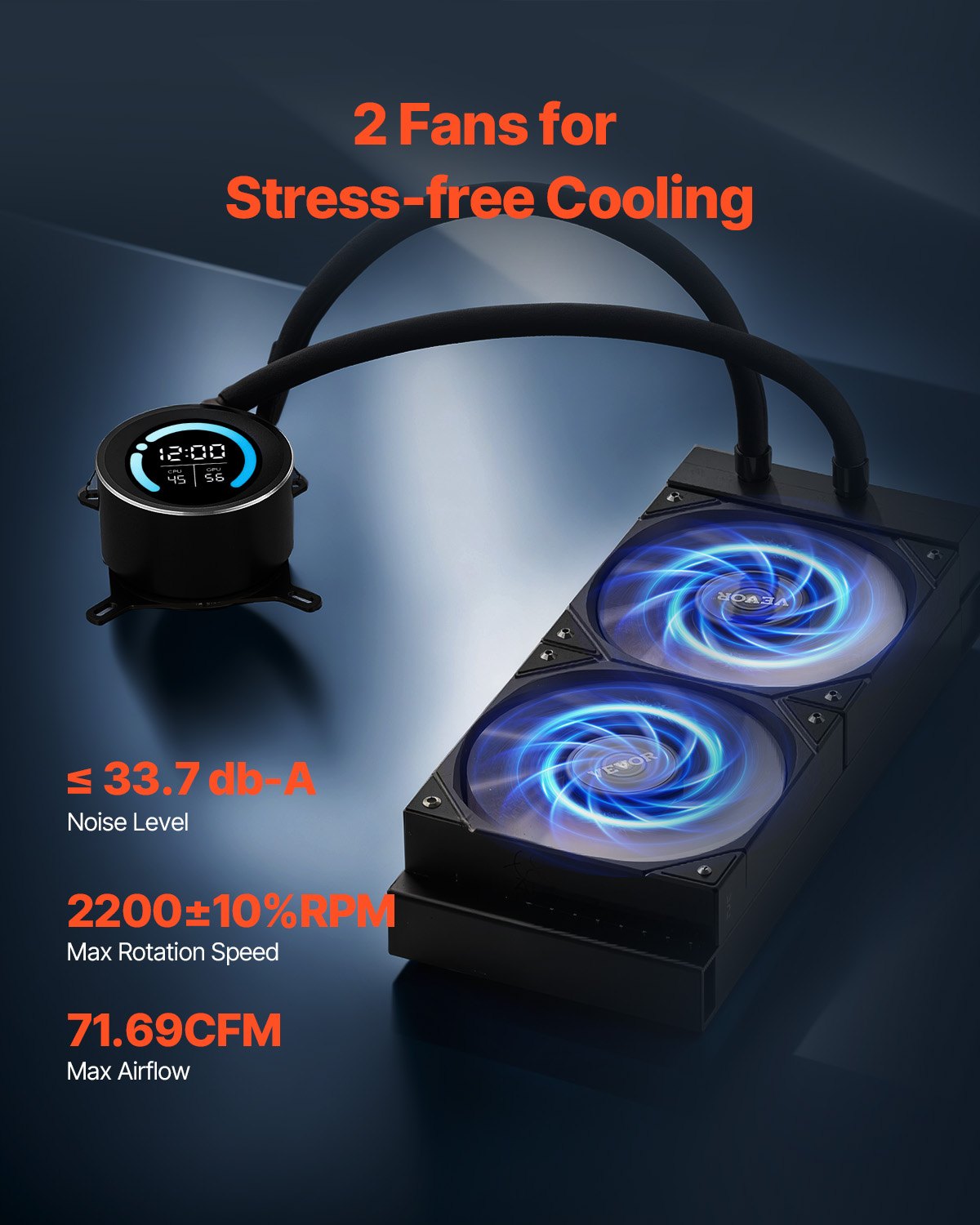 VEVOR CPU Liquid Cooler, AIO CPU Water Cooler - 120mm PWN Fans, Pump, 1.8'' Display, Max. 2200RPM CPU Cooling Fan, Efficient Black PC Water Cooler for Intel 115X/1366/2011/1700/1200, AMD AM4/AM5 - CPULQFSSLDPBHDXT7V9 - view 5