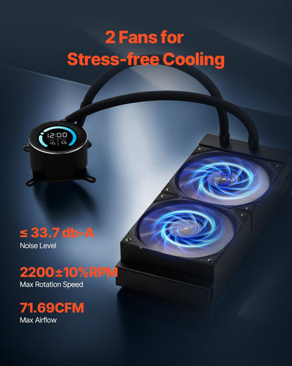 VEVOR CPU Liquid Cooler, AIO CPU Water Cooler - 120mm PWN Fans, Pump, 1.8'' Display, Max. 2200RPM CPU Cooling Fan, Efficient Black PC Water Cooler for Intel 115X/1366/2011/1700/1200, AMD AM4/AM5 - CPULQFSSLDPBHDXT7V9 - view 5