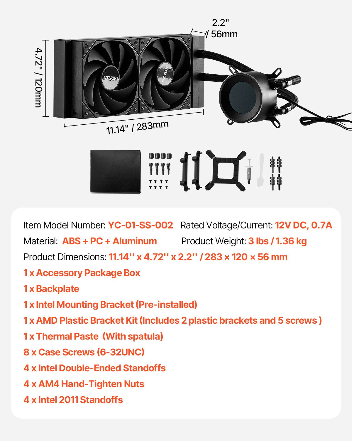VEVOR CPU Liquid Cooler, AIO CPU Water Cooler - 120mm PWN Fans, Pump, 1.8'' Display, Max. 2200RPM CPU Cooling Fan, Efficient Black PC Water Cooler for Intel 115X/1366/2011/1700/1200, AMD AM4/AM5 - CPULQFSSLDPBHDXT7V9 - view 8
