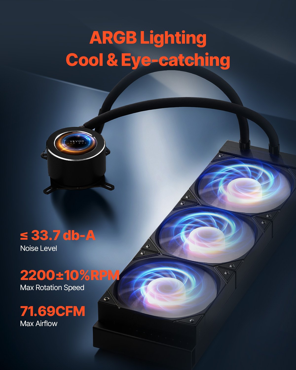 VEVOR CPU Liquid Cooler, AIO CPU Water Cooler - 3 x 120mm PWN Fans & Pump, Customizable Black PC Liquid Cooler with 2.1'' LCD Display & ARGB light, for Intel 115X/1366/2011/1700/1200, AMD AM4/AM5 - CPULQFSSLDPBIC6GAV9 - view 5