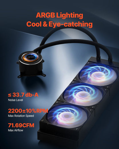 VEVOR CPU Liquid Cooler, AIO CPU Water Cooler - 3 x 120mm PWN Fans & Pump, Customizable Black PC Liquid Cooler with 2.1'' LCD Display & ARGB light, for Intel 115X/1366/2011/1700/1200, AMD AM4/AM5 - CPULQFSSLDPBIC6GAV9 - view 5