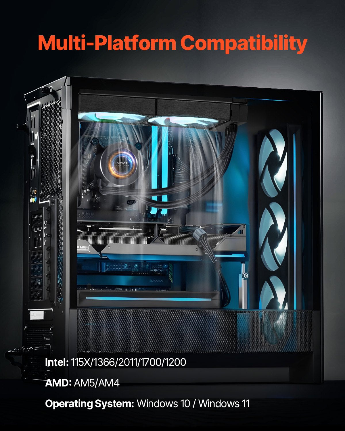 VEVOR CPU Liquid Cooler, AIO CPU Water Cooler - 3 x 120mm PWN Fans & Pump, Customizable Black PC Liquid Cooler with 2.1'' LCD Display & ARGB light, for Intel 115X/1366/2011/1700/1200, AMD AM4/AM5 - CPULQFSSLDPBIC6GAV9 - view 7