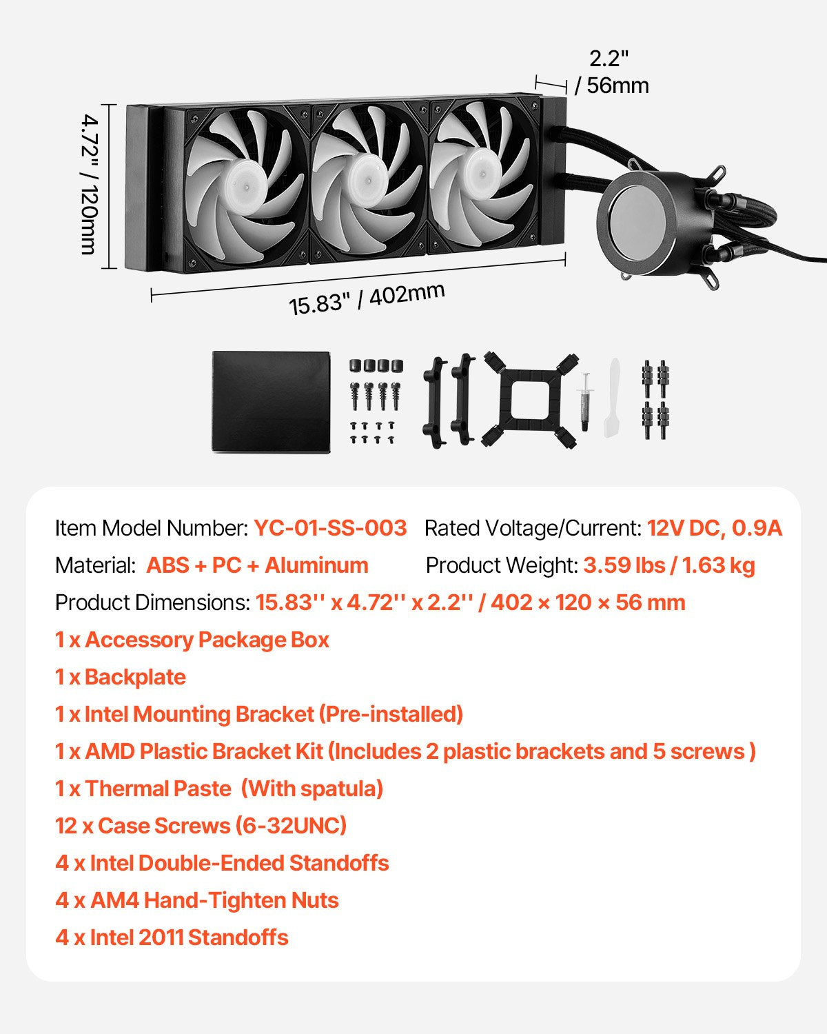 VEVOR CPU Liquid Cooler, AIO CPU Water Cooler - 3 x 120mm PWN Fans & Pump, Customizable Black PC Liquid Cooler with 2.1'' LCD Display & ARGB light, for Intel 115X/1366/2011/1700/1200, AMD AM4/AM5 - CPULQFSSLDPBIC6GAV9 - view 8