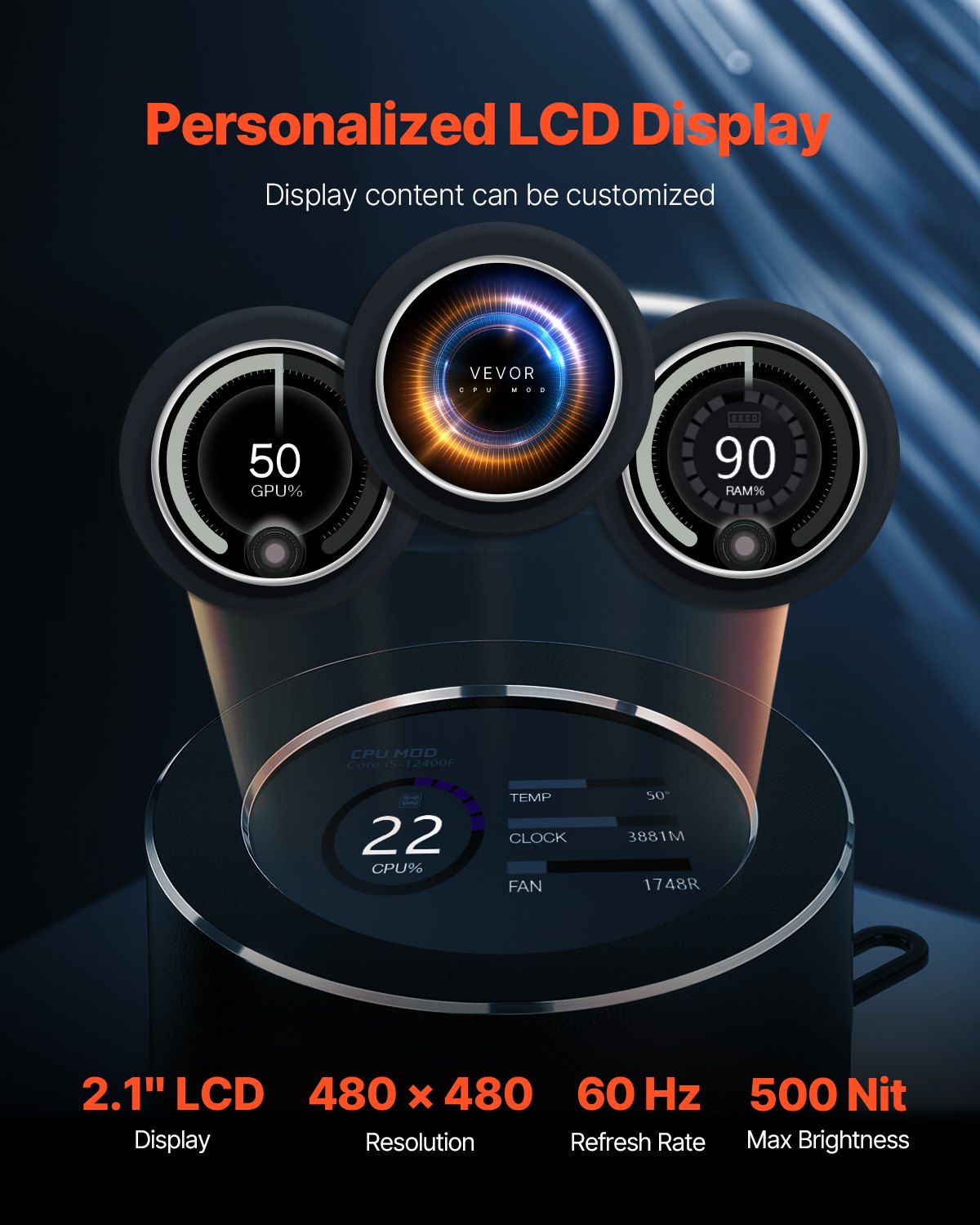 VEVOR CPU Liquid Cooler, AIO CPU Water Cooler - 3 x 120mm PWN Fans, Pump & 2.1'' LCD Display, Max 2200PRM Black CPU Cooling Fan, Compatible for Intel 115X/1366/2011/1700/1200, AMD AM4/AM5 - CPULQFSSLDPBNKJ8OV9 - view 4