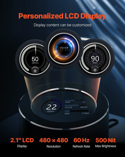 VEVOR CPU Liquid Cooler, AIO CPU Water Cooler - 3 x 120mm PWN Fans, Pump & 2.1'' LCD Display, Max 2200PRM Black CPU Cooling Fan, Compatible for Intel 115X/1366/2011/1700/1200, AMD AM4/AM5 - CPULQFSSLDPBNKJ8OV9 - view 4
