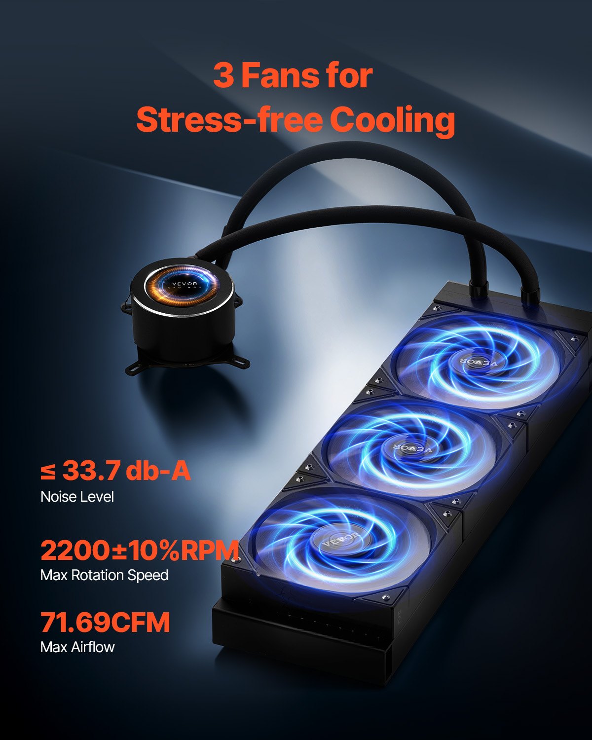 VEVOR CPU Liquid Cooler, AIO CPU Water Cooler - 3 x 120mm PWN Fans, Pump & 2.1'' LCD Display, Max 2200PRM Black CPU Cooling Fan, Compatible for Intel 115X/1366/2011/1700/1200, AMD AM4/AM5 - CPULQFSSLDPBNKJ8OV9 - view 5
