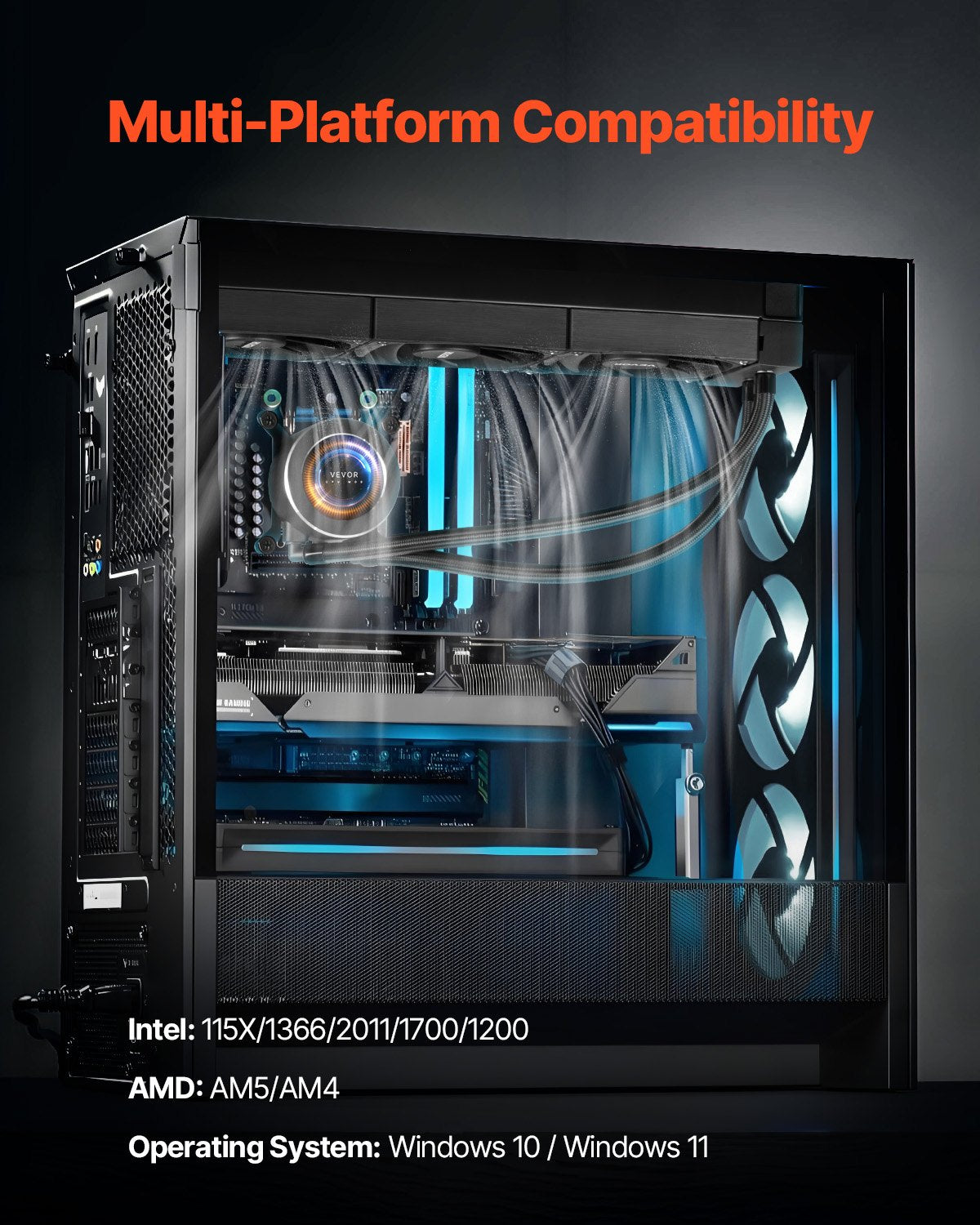 VEVOR CPU Liquid Cooler, AIO CPU Water Cooler - 3 x 120mm PWN Fans, Pump & 2.1'' LCD Display, Max 2200PRM Black CPU Cooling Fan, Compatible for Intel 115X/1366/2011/1700/1200, AMD AM4/AM5 - CPULQFSSLDPBNKJ8OV9 - view 7