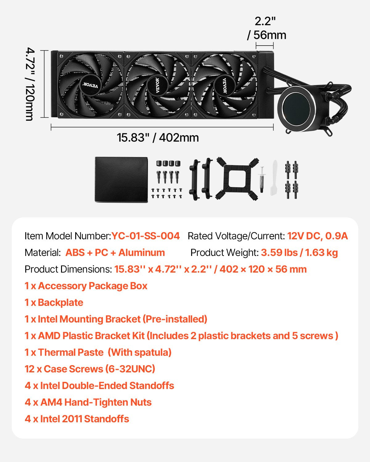 VEVOR CPU Liquid Cooler, AIO CPU Water Cooler - 3 x 120mm PWN Fans, Pump & 2.1'' LCD Display, Max 2200PRM Black CPU Cooling Fan, Compatible for Intel 115X/1366/2011/1700/1200, AMD AM4/AM5 - CPULQFSSLDPBNKJ8OV9 - view 8
