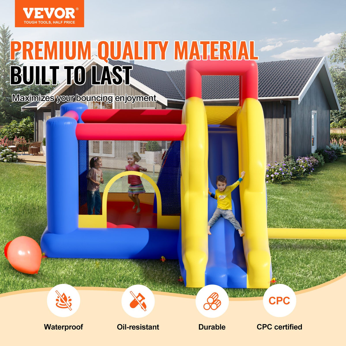 VEVOR Inflatable Bounce House, Outdoor High Quality Playhouse Trampoline, Jumping Bouncer with Blower, Slide, and Storage Bag, Family Backyard Bouncy Castle, for Kid Ages 3–8 Years, 134x102x91 inch - CQCBBHYC910PO49AIV1 - view 3