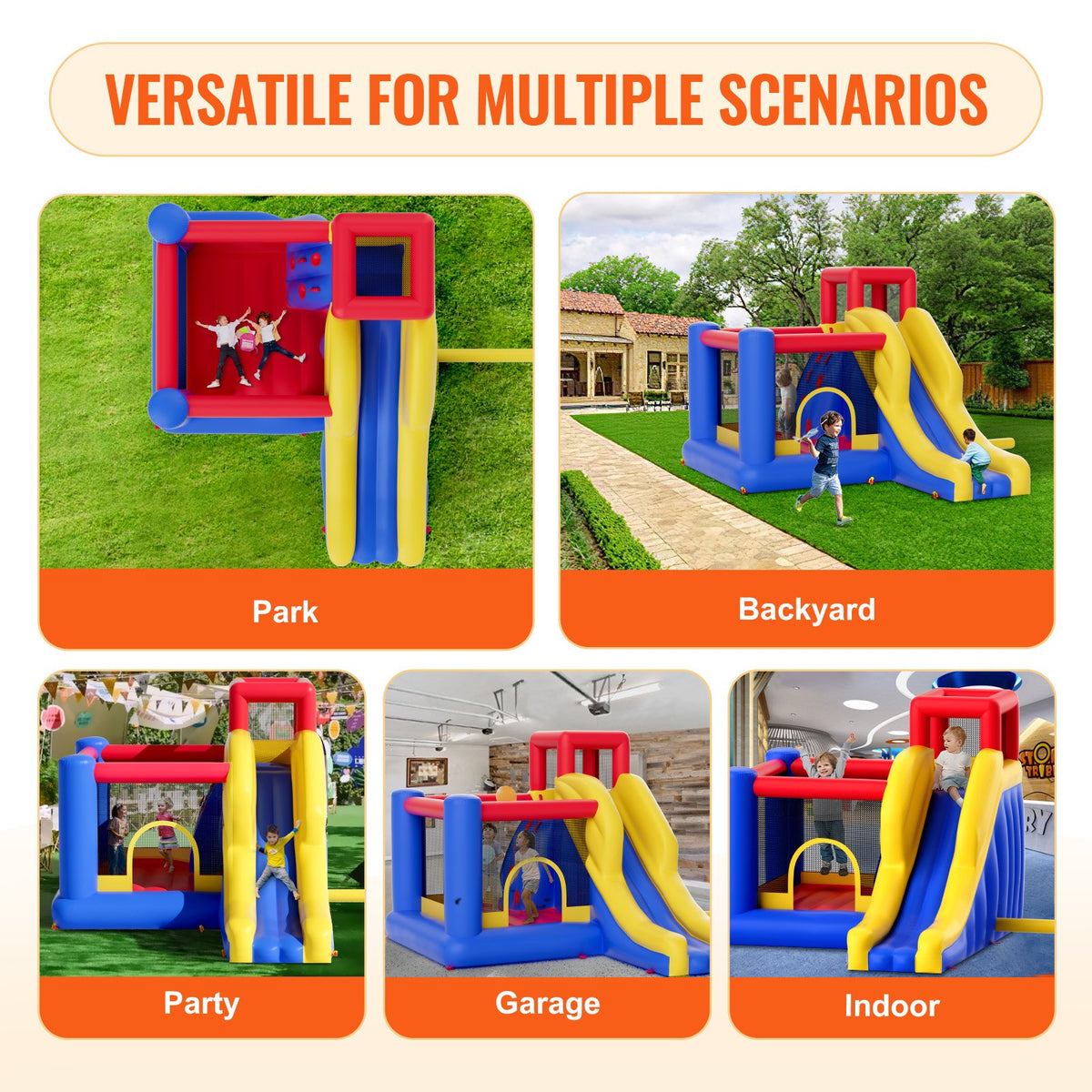 VEVOR Inflatable Bounce House, Outdoor High Quality Playhouse Trampoline, Jumping Bouncer with Blower, Slide, and Storage Bag, Family Backyard Bouncy Castle, for Kid Ages 3–8 Years, 134x102x91 inch - CQCBBHYC910PO49AIV1 - view 7