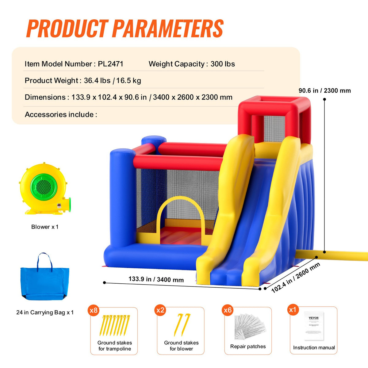VEVOR Inflatable Bounce House, Outdoor High Quality Playhouse Trampoline, Jumping Bouncer with Blower, Slide, and Storage Bag, Family Backyard Bouncy Castle, for Kid Ages 3–8 Years, 134x102x91 inch - CQCBBHYC910PO49AIV1 - view 8