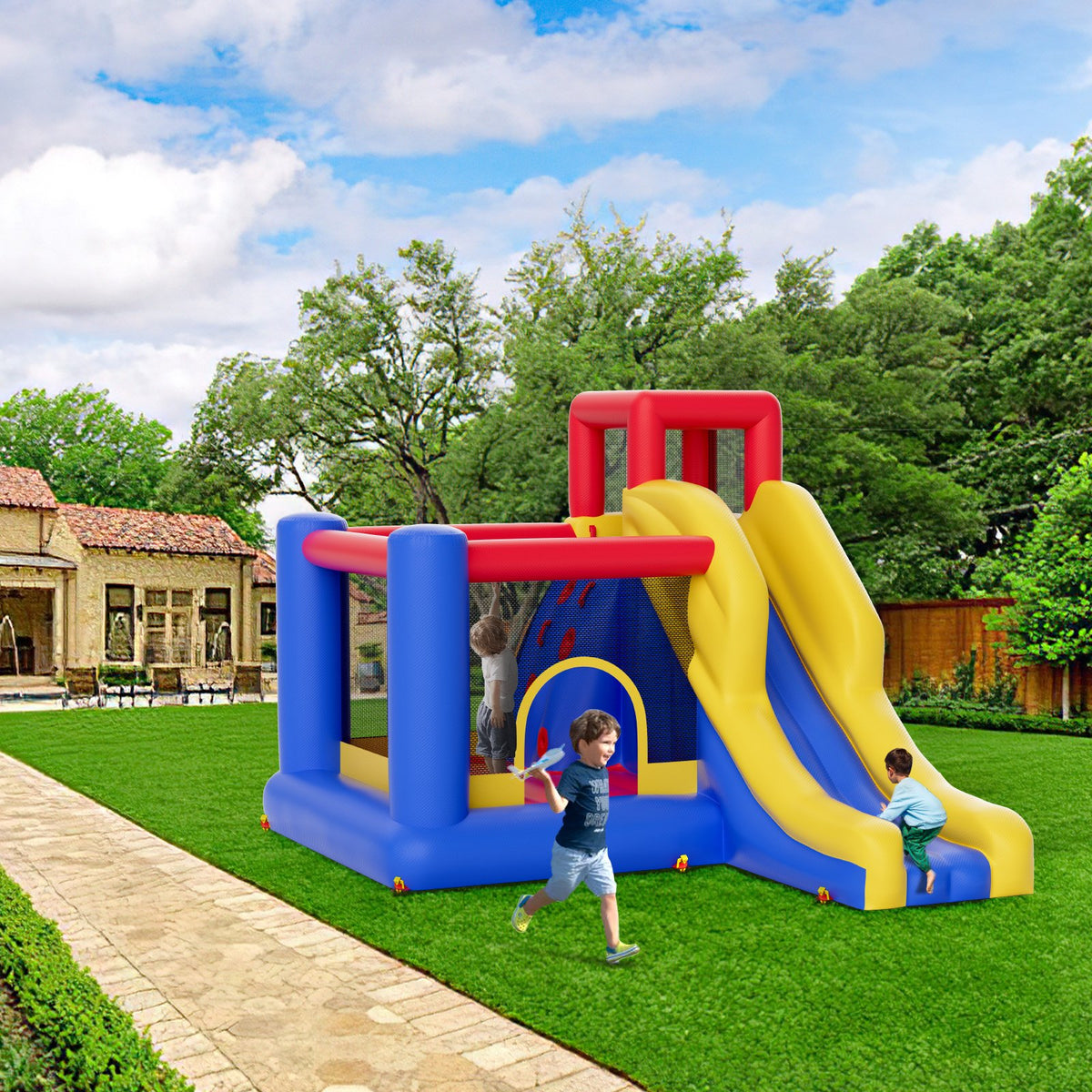 VEVOR Inflatable Bounce House, Outdoor High Quality Playhouse Trampoline, Jumping Bouncer with Blower, Slide, and Storage Bag, Family Backyard Bouncy Castle, for Kid Ages 3–8 Years, 134x102x91 inch - CQCBBHYC910PO49AIV1 - view 9