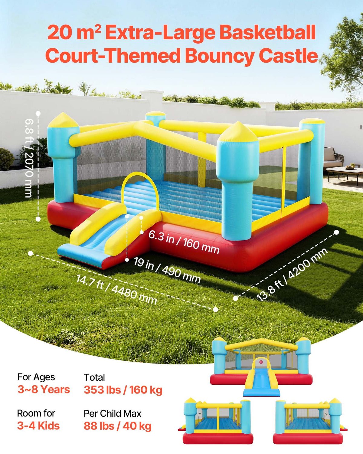 VEVOR Inflatable Bounce House, 14.7 x 13.8 x 6.8 ft Jumping Bouncy Castle, Inflatable Jumper for Kids with Slide, Basketball Hoop, Target Game & Jumping Area, Jumpings House Holds 3-4 Kids (Ages 3-8) - CQCBGTLXBCLQQ3A56001V1 - view 3