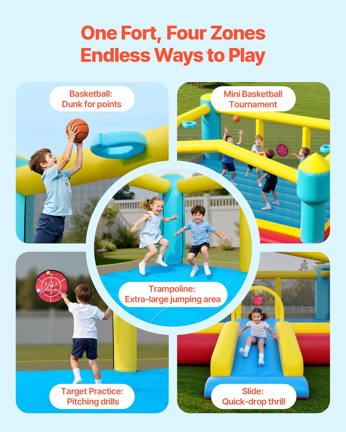VEVOR Inflatable Bounce House, 14.7 x 13.8 x 6.8 ft Jumping Bouncy Castle, Inflatable Jumper for Kids with Slide, Basketball Hoop, Target Game & Jumping Area, Jumpings House Holds 3-4 Kids (Ages 3-8) - CQCBGTLXBCLQQ3A56001V1 - view 4