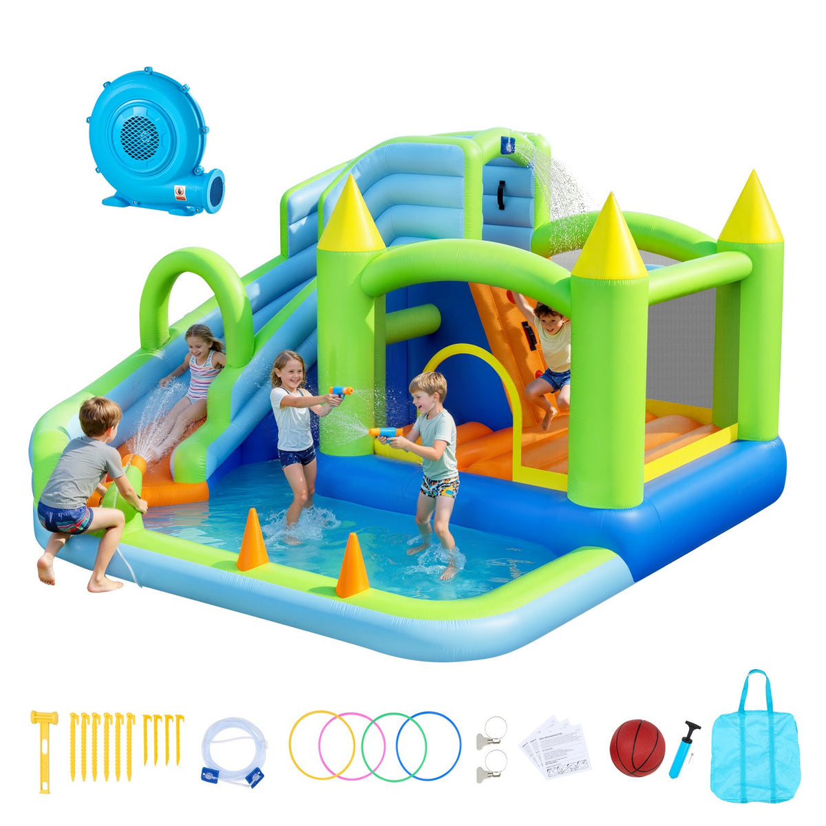 VEVOR Inflatable Bounce House, 11.3 x 12.3 x 7.0 ft Inflatable Bounce House Water Slide, Bouncer Castle with Castle Bounces, Basketball Hoop, Splash Pool & Water Ring Toss, for 3 to 4 Kids Ages 3 to 8 - CQCBKWSLXSCG0IQ90001V1 - view 1