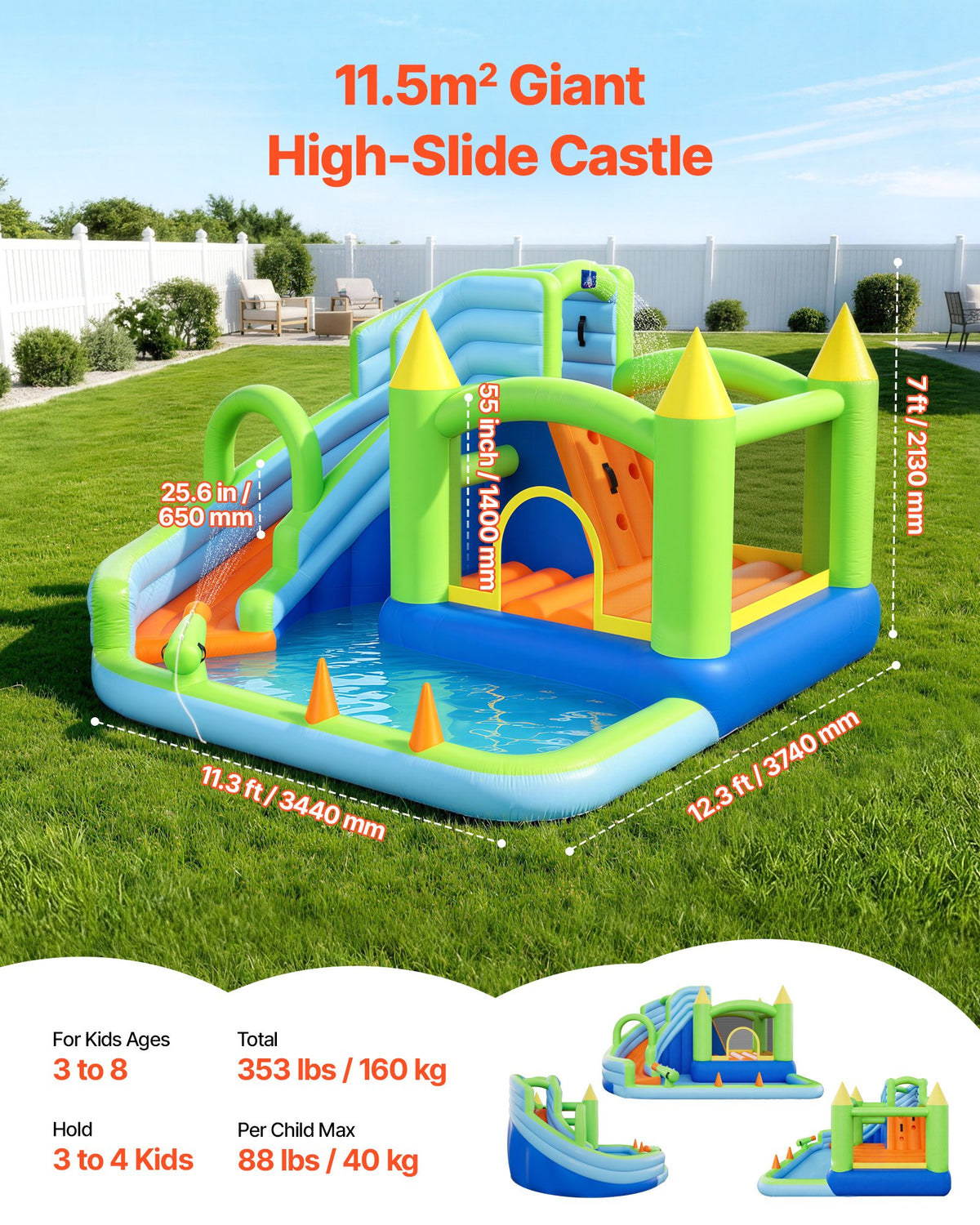VEVOR Inflatable Bounce House, 11.3 x 12.3 x 7.0 ft Inflatable Bounce House Water Slide, Bouncer Castle with Castle Bounces, Basketball Hoop, Splash Pool & Water Ring Toss, for 3 to 4 Kids Ages 3 to 8 - CQCBKWSLXSCG0IQ90001V1 - view 3