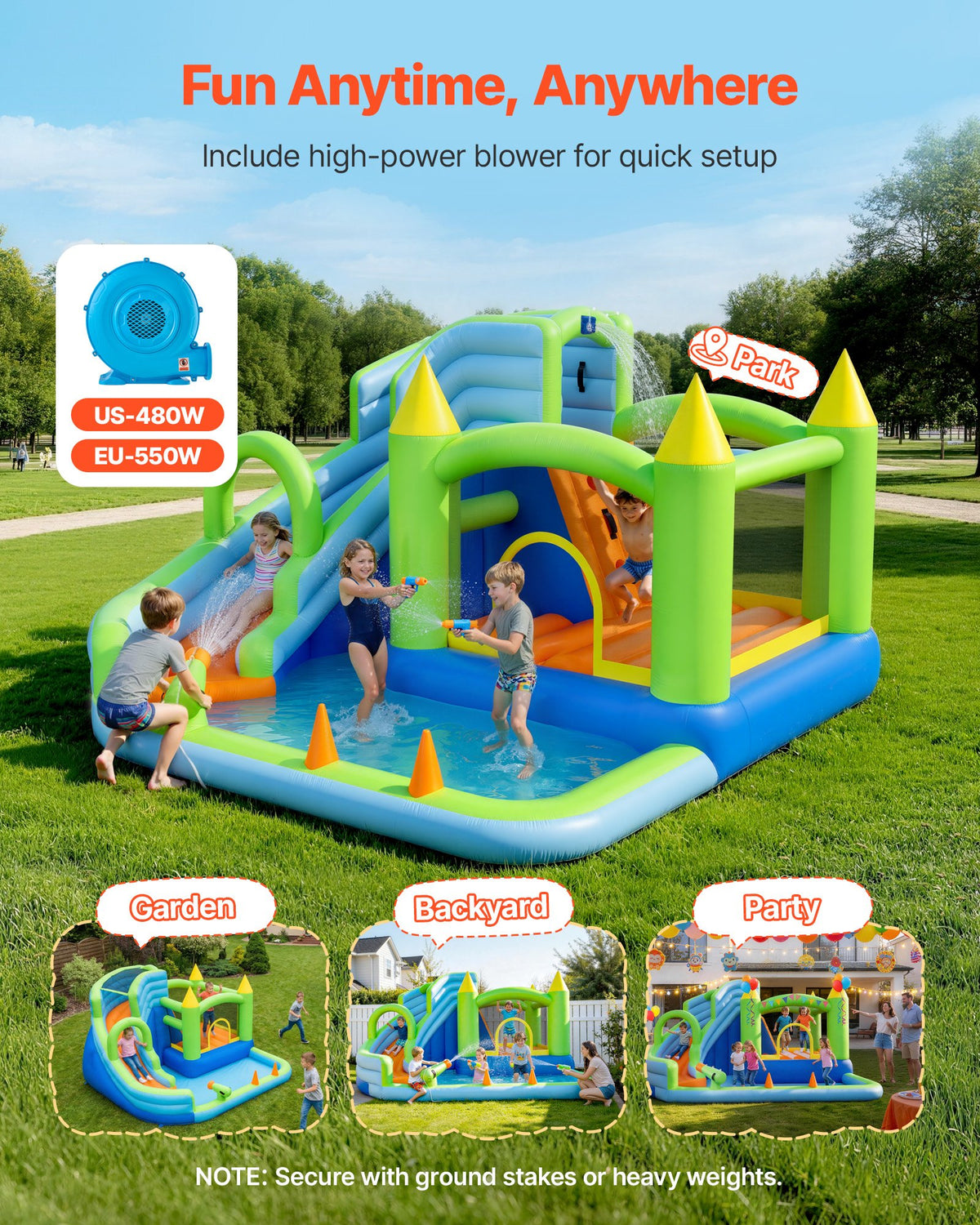 VEVOR Inflatable Bounce House, 11.3 x 12.3 x 7.0 ft Inflatable Bounce House Water Slide, Bouncer Castle with Castle Bounces, Basketball Hoop, Splash Pool & Water Ring Toss, for 3 to 4 Kids Ages 3 to 8 - CQCBKWSLXSCG0IQ90001V1 - view 5
