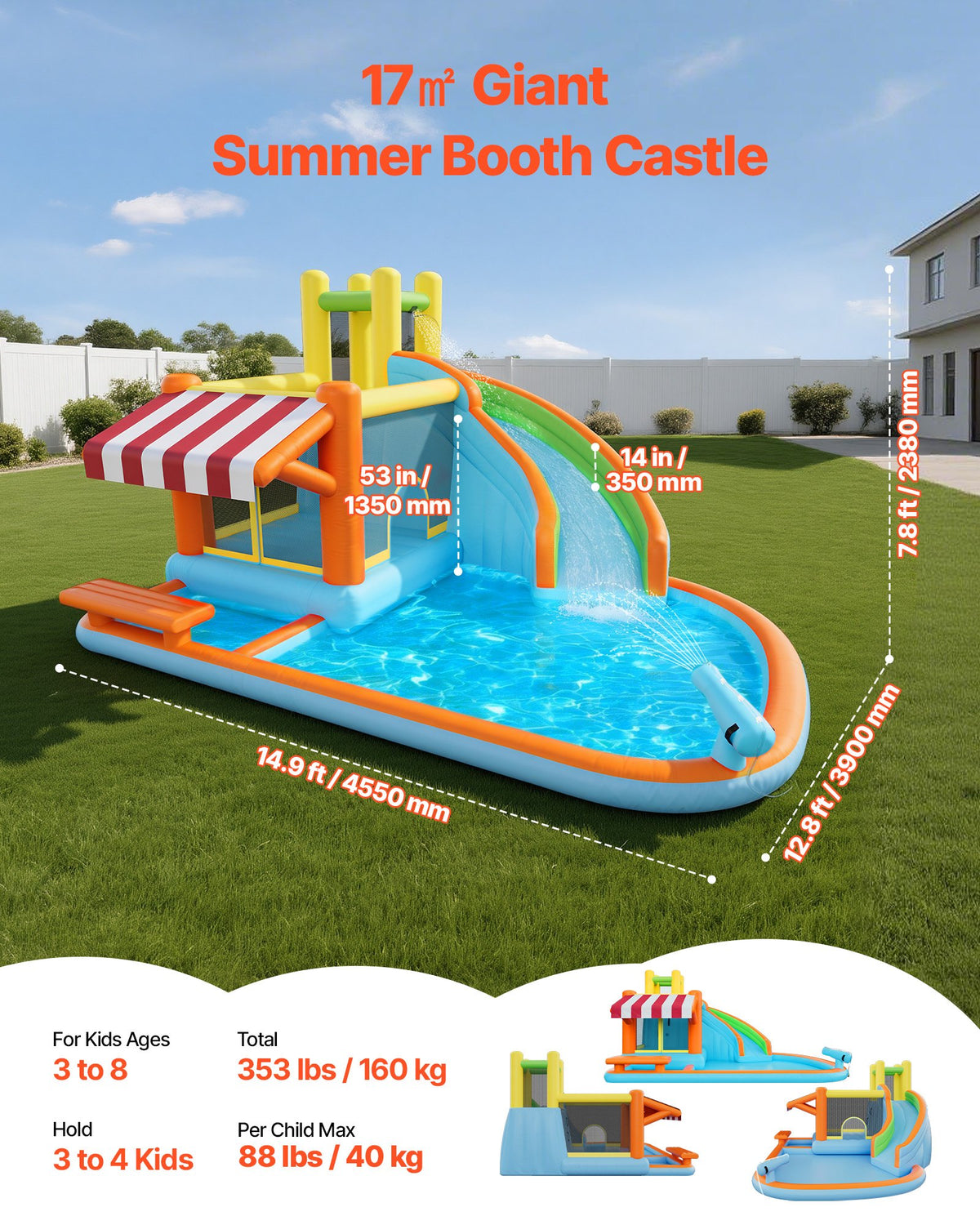 VEVOR Inflatable Bounce House, 14.9 x 12.8 x 7.8 ft Inflatable Bounce House Water Slide, Bouncer Castle with Castle Bounces, Tall Slide, Splash Pool & Pretend Market Booth, for 3 to 4 Kids Ages 3 to 8 - CQCBKWSLXSCGBR7TC001V1 - view 3
