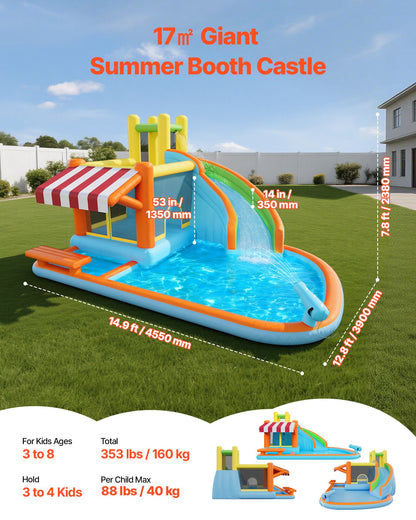 VEVOR Inflatable Bounce House, 14.9 x 12.8 x 7.8 ft Inflatable Bounce House Water Slide, Bouncer Castle with Castle Bounces, Tall Slide, Splash Pool & Pretend Market Booth, for 3 to 4 Kids Ages 3 to 8 - CQCBKWSLXSCGBR7TC001V1 - view 3