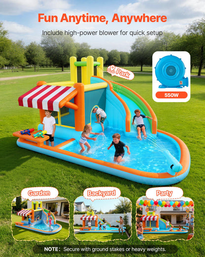 VEVOR Inflatable Bounce House, 14.9 x 12.8 x 7.8 ft Inflatable Bounce House Water Slide, Bouncer Castle with Castle Bounces, Tall Slide, Splash Pool & Pretend Market Booth, for 3 to 4 Kids Ages 3 to 8 - CQCBKWSLXSCGBR7TC001V1 - view 5
