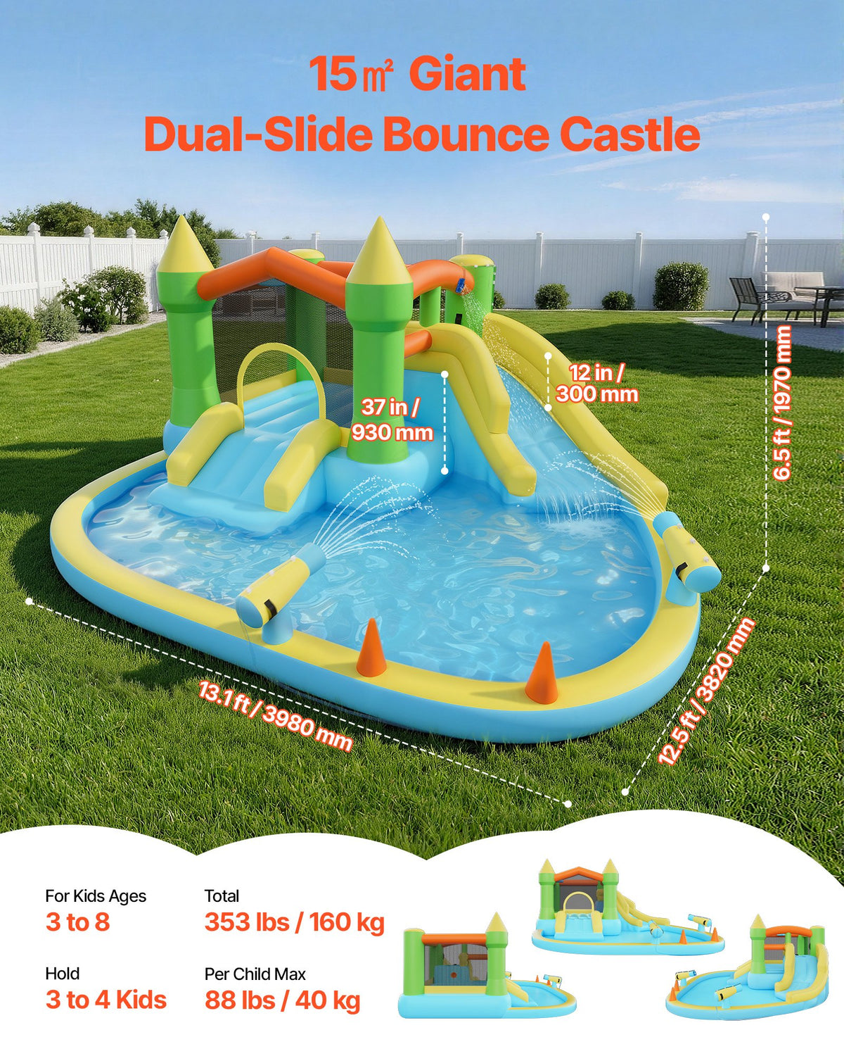 VEVOR Inflatable Bounce House, 12.5 x 13.1 x 6.5 ft Inflatable Bounce House Water Slide, Bouncer Castle with Castle Bounces, Basketball Hoop, Splash Pool & Water Ring Toss, for 3 to 4 Kids Ages 3 to 8 - CQCBKWSLXSCXQDNIX001V1 - view 3