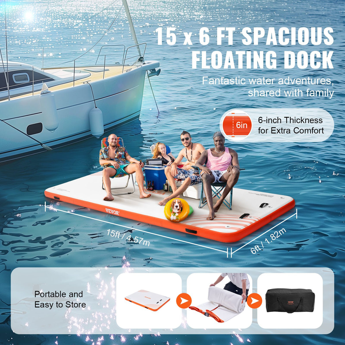 VEVOR Inflatable Floating Dock, 15 x 6FT Inflatable Dock Platform, Non-Slip Water Floating Dock Mat with Detachable Ladder & Portable Carrying Bag, Floating Platform Island Raft for Ocean Pool Beach - CQFT12X6FTBJUOB8AV0 - view 4