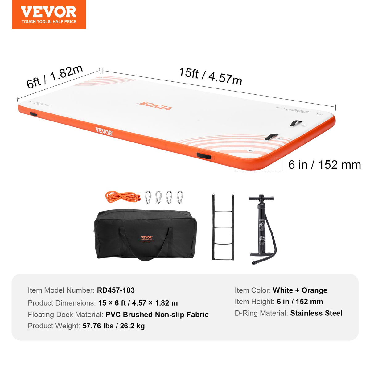 VEVOR Inflatable Floating Dock, 15 x 6FT Inflatable Dock Platform, Non-Slip Water Floating Dock Mat with Detachable Ladder & Portable Carrying Bag, Floating Platform Island Raft for Ocean Pool Beach - CQFT12X6FTBJUOB8AV0 - view 8