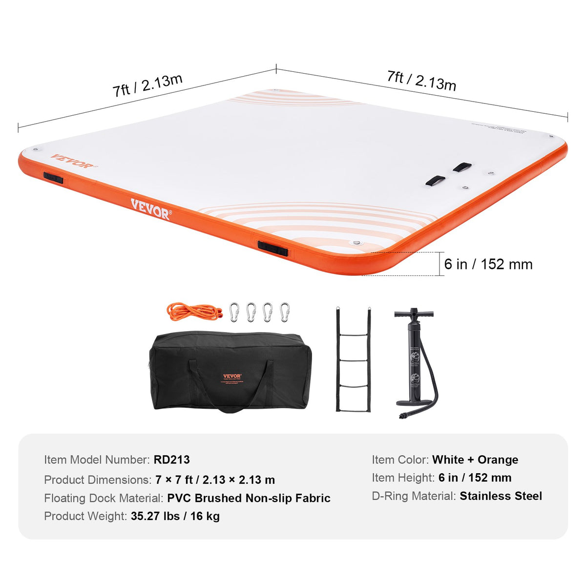 VEVOR Inflatable Floating Dock, 7 x 7FT Inflatable Dock Platform, Non-Slip Water Floating Dock Mat with Portable Carrying Bag & Detachable Ladder, Floating Platform Island Raft for Pool Beach Ocean - CQFT7X7FTBJHTBHI7V0 - view 8