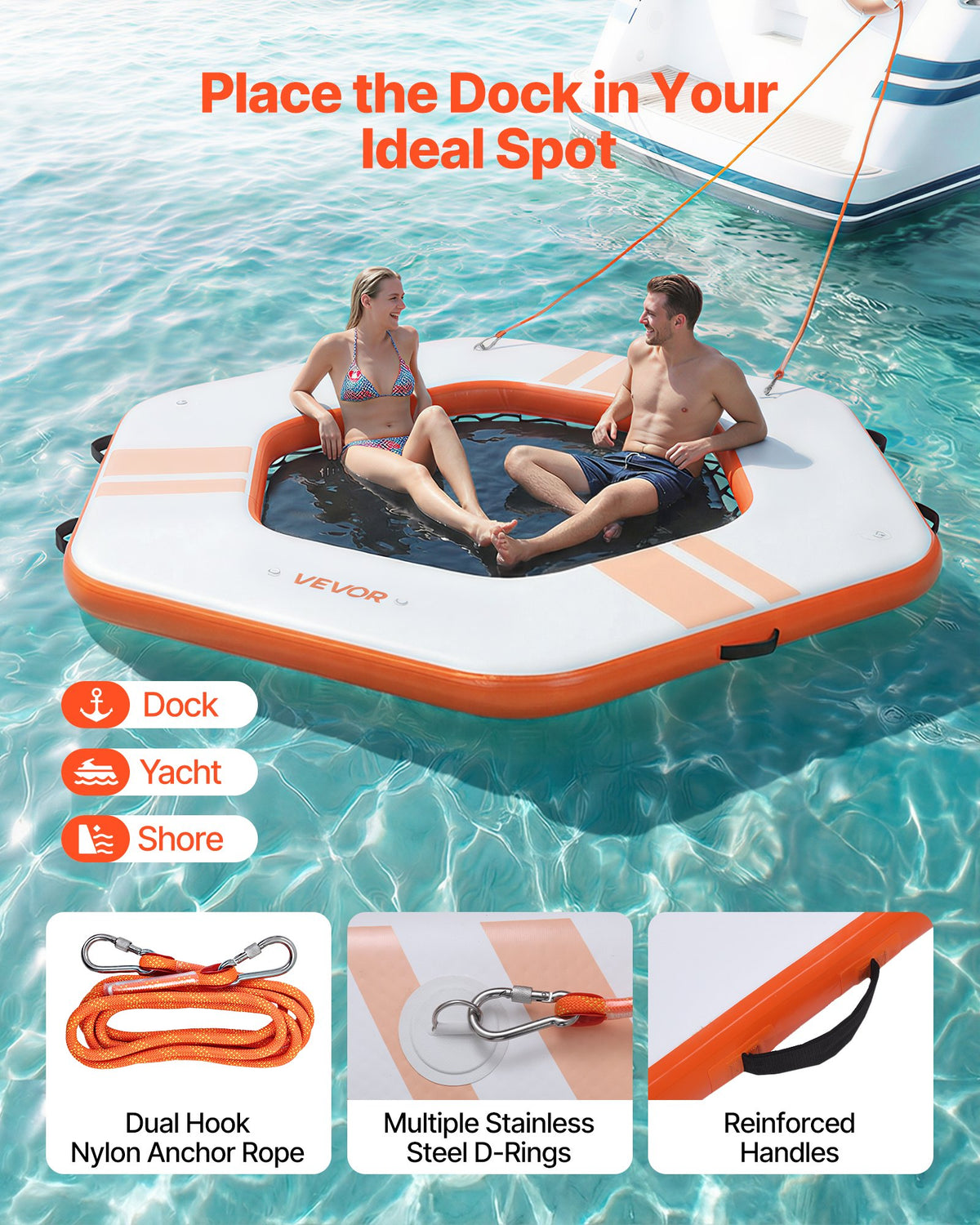 VEVOR Inflatable Floating Dock, 8.5x8.5 FT Inflatable Dock Platform, Non-Slip Water Mat with Portable Carrying Bag & Detachable Ladder, Floating Water Platform Island Raft for Pool Beach Ocean, Orange - CQFTLBX85FTC79C7M001V0 - view 5