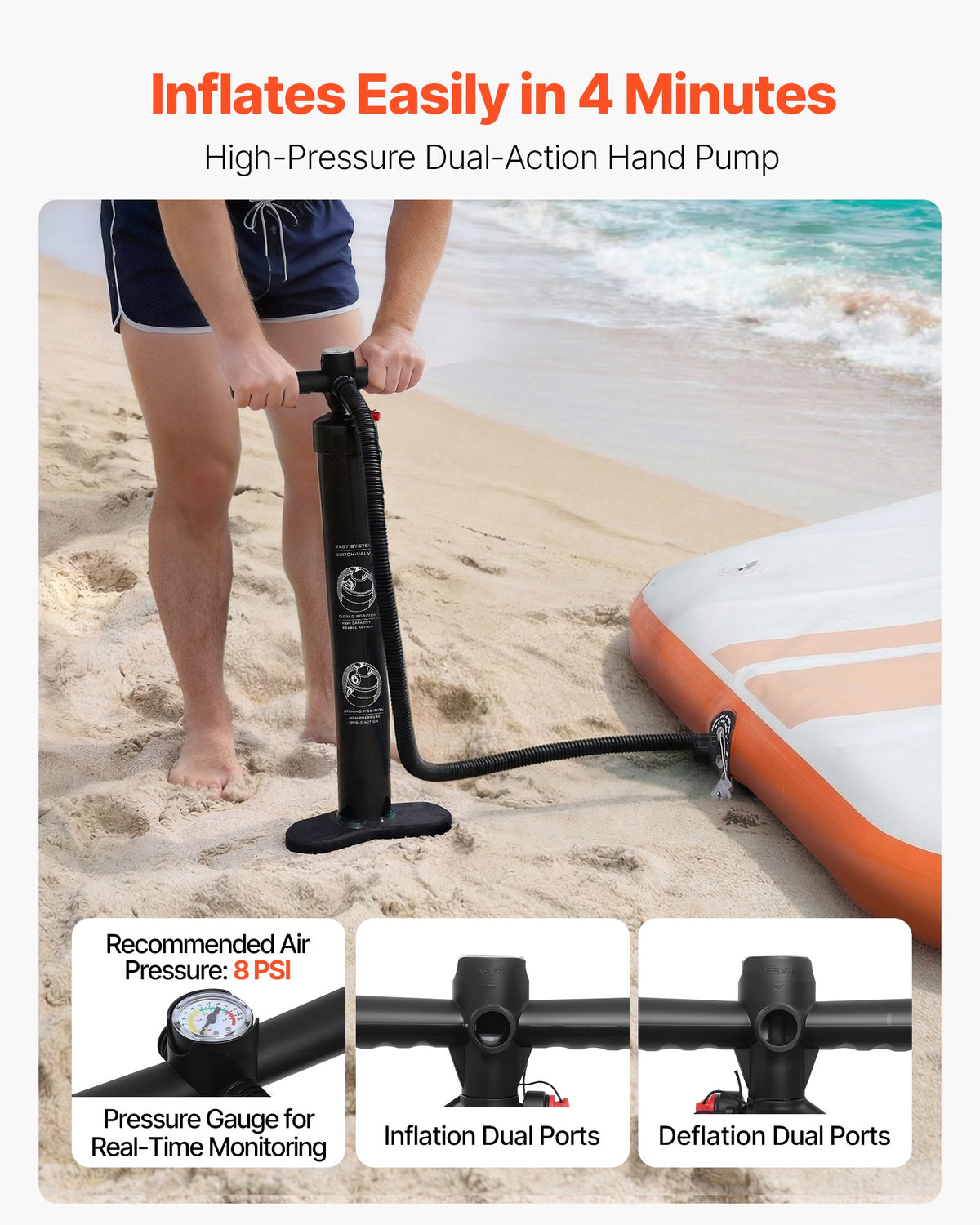 VEVOR Inflatable Floating Dock, 8.5x8.5 FT Inflatable Dock Platform, Non-Slip Water Mat with Portable Carrying Bag & Detachable Ladder, Floating Water Platform Island Raft for Pool Beach Ocean, Orange - CQFTLBX85FTC79C7M001V0 - view 6