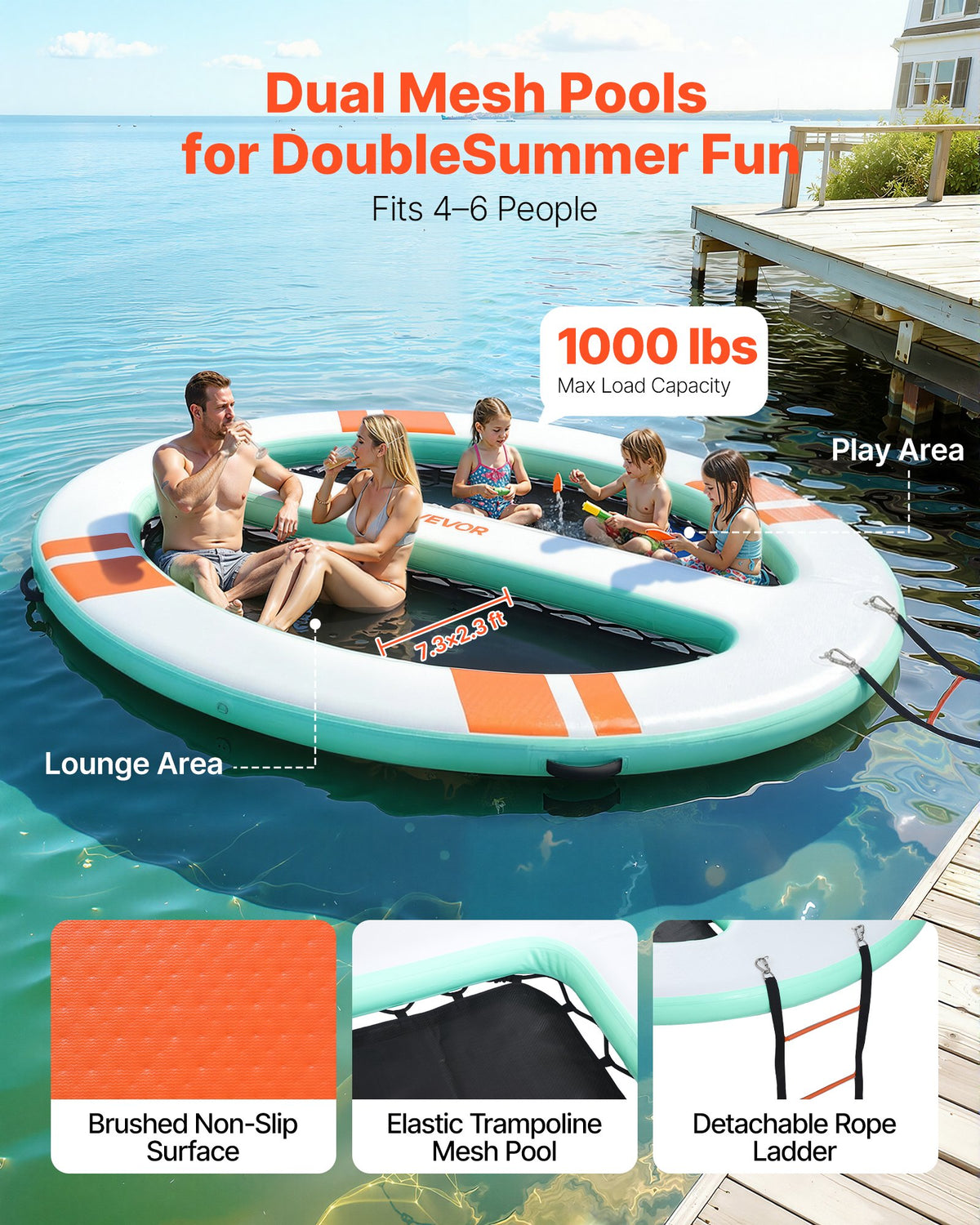 VEVOR Inflatable Floating Dock, 10x8 FT Round Inflatable Dock Platform, Non-Slip Water Air Mat with Portable Carrying Bag & Detachable Ladder, Floating Water Platform Island Raft for Pool Beach Ocean - CQFTYX108FTWWNJJ1001V0 - view 3