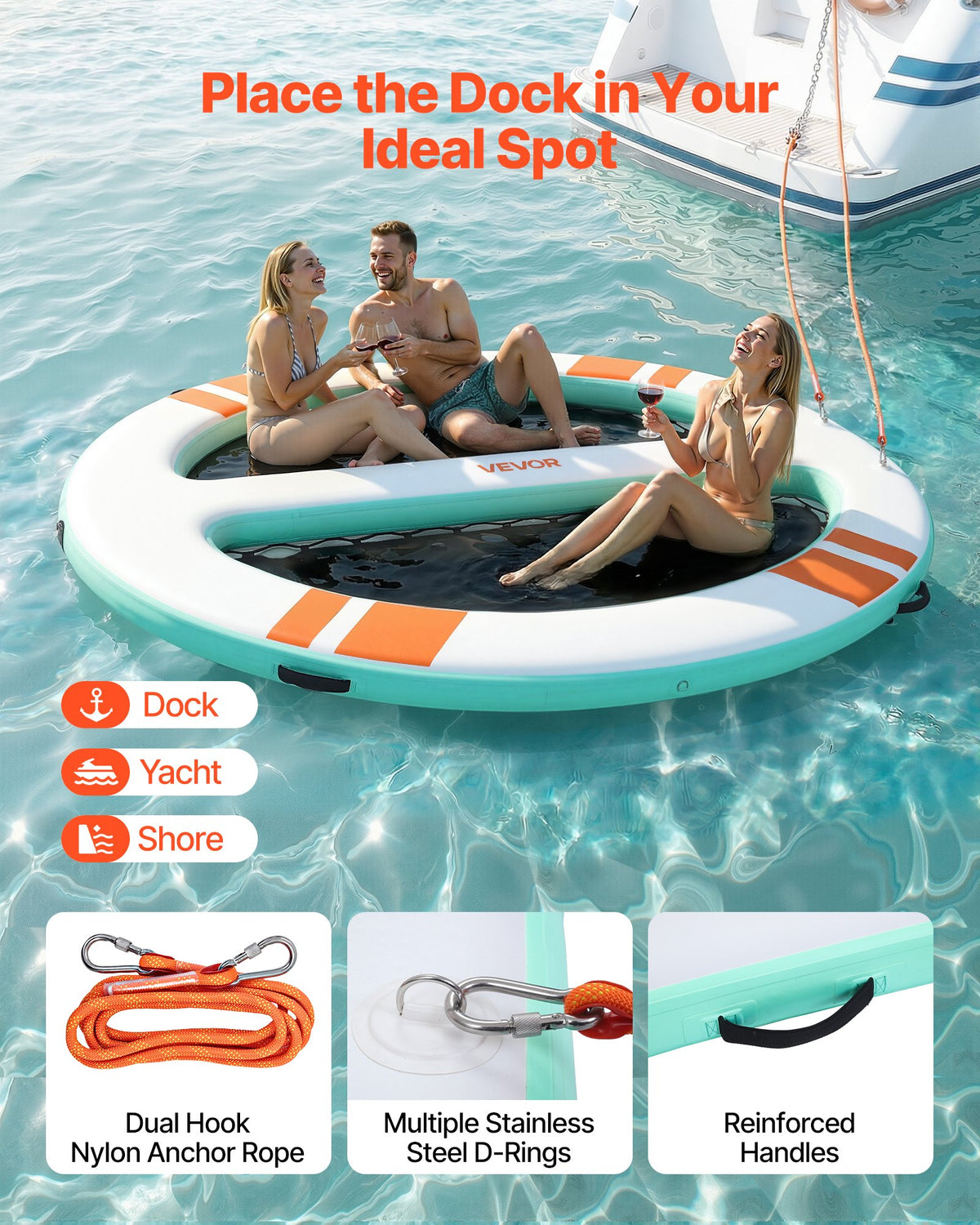 VEVOR Inflatable Floating Dock, 10x8 FT Round Inflatable Dock Platform, Non-Slip Water Air Mat with Portable Carrying Bag & Detachable Ladder, Floating Water Platform Island Raft for Pool Beach Ocean - CQFTYX108FTWWNJJ1001V0 - view 5