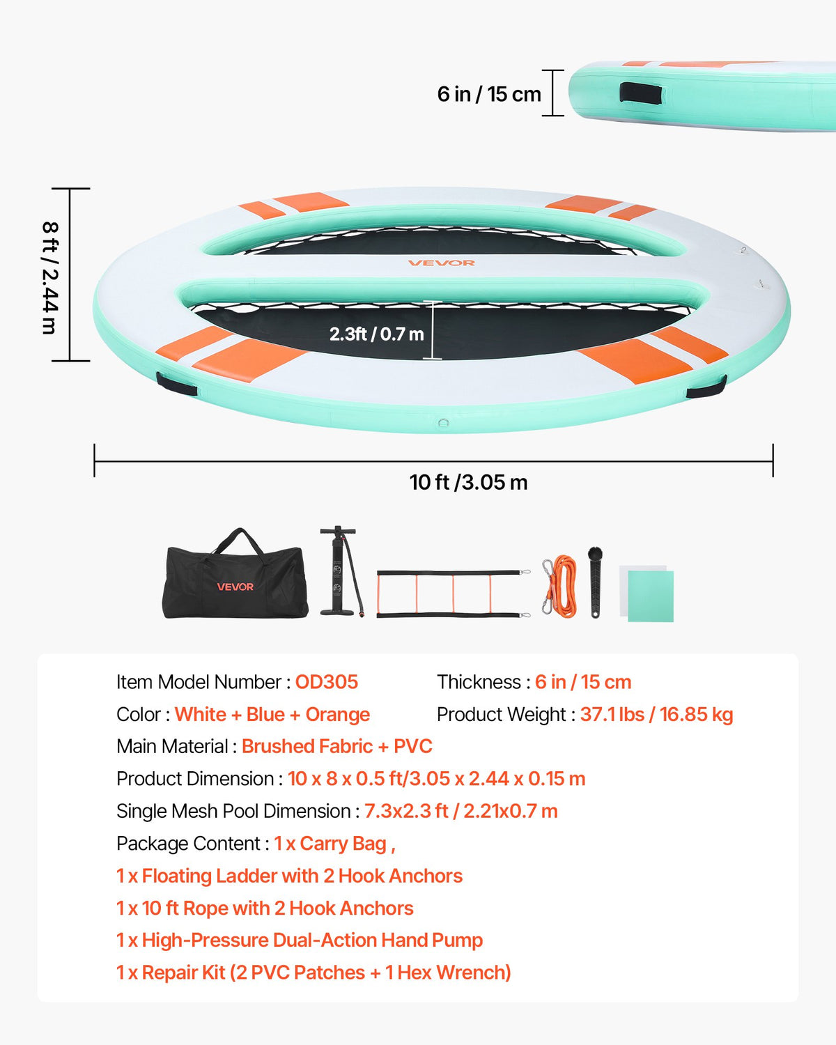 VEVOR Inflatable Floating Dock, 10x8 FT Round Inflatable Dock Platform, Non-Slip Water Air Mat with Portable Carrying Bag & Detachable Ladder, Floating Water Platform Island Raft for Pool Beach Ocean - CQFTYX108FTWWNJJ1001V0 - view 8