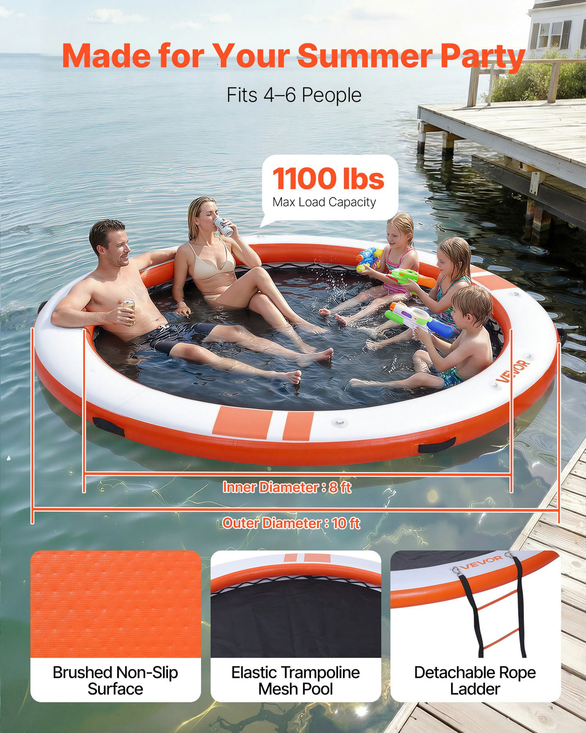VEVOR Inflatable Floating Dock, 10 FT Inflatable Dock Platform, Non-Slip Water Air Mat with Portable Carrying Bag & Detachable Ladder, Floating Water Platform Island Raft for Pool Beach Ocean, Orange - CQFTYX10FTCSK1WG0001V0 - view 3