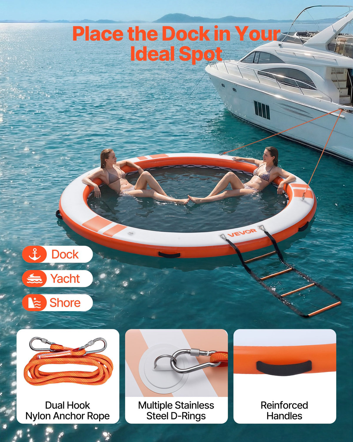 VEVOR Inflatable Floating Dock, 10 FT Inflatable Dock Platform, Non-Slip Water Air Mat with Portable Carrying Bag & Detachable Ladder, Floating Water Platform Island Raft for Pool Beach Ocean, Orange - CQFTYX10FTCSK1WG0001V0 - view 5